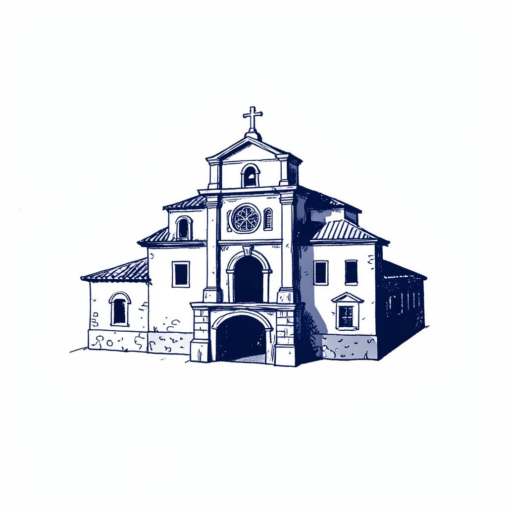 Dibujo de tinta de una ermita antigua entre montañas rocosas, con tonos sepia y azulados y ambiente de misterio